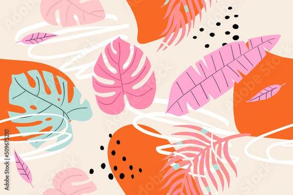 Fototapeta Vector colorful hand-drawn tropical seamless pattern. Modern print with tropical leaves, monstera, banana leaves, spots, dots and doodle.