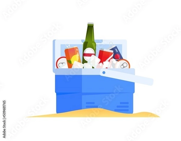 Obraz Cooler bag with soft rinks in cans and beer. Portable open fridge for summer vacations and beach. Flat vector illustration isolated on white backround