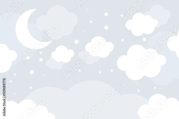 Obraz Vector hand drawn cute wallpaper with clouds, stars and moon on blue background. Children's 3D wallpaper.