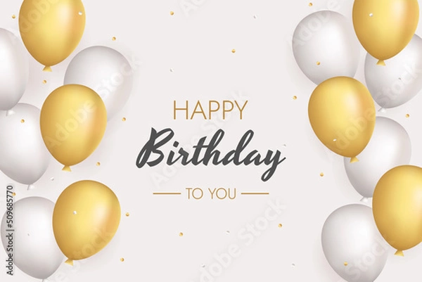 Fototapeta Vector happy birthday horizontal illustration with 3d realistic golden and silver air balloon on white background with  confetti.