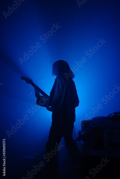 Obraz Guitarist silhouette on a stage in blue backlights 