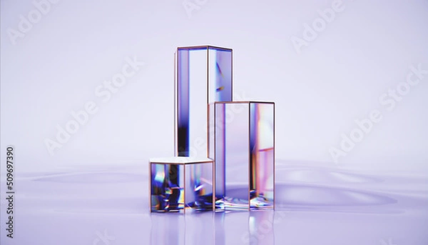 Fototapeta 3d render abstract background, beautiful cubes on water surface. Glass cubes, podium are transparent with a discrepancy. Design element for banner background, wallpaper.
