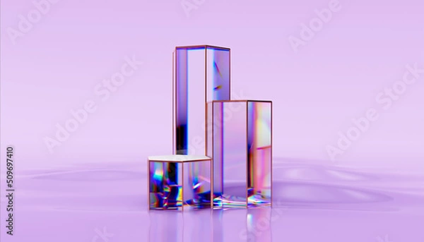 Fototapeta 3d render abstract background, beautiful cubes, podium on water surface. Glass cubes are transparent with a discrepancy. Design element for banner background, wallpaper.