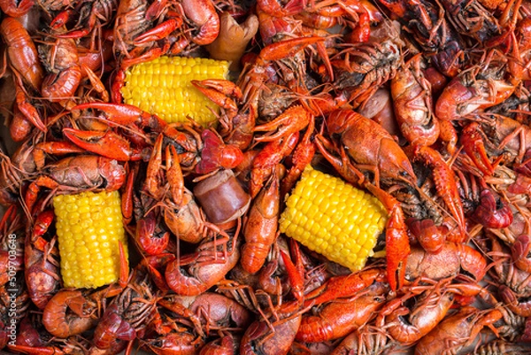 Obraz Spicy Boiled Crawfish with corn