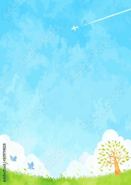 Fototapeta 自然豊かな木と空と草原の背景イラスト