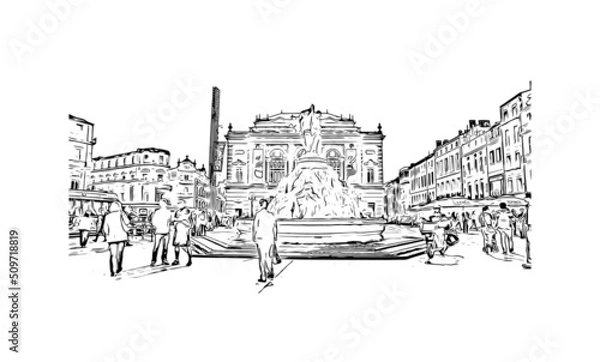 Fototapeta Building view with landmark of Montpellier is the 
city in France. Hand drawn sketch illustration in vector.