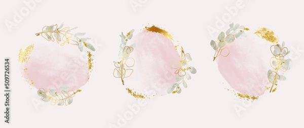 Fototapeta Luxury botanical gold wedding frame elements on white background. Set of geometric shapes, glitters, eucalyptus, leaf branches. Elegant watercolor foliage for wedding, card, invitation, greeting.