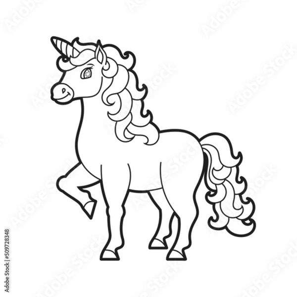 Fototapeta Cute unicorn. Magic fairy horse. Coloring book page for kids. Cartoon style. Vector illustration isolated on white background.