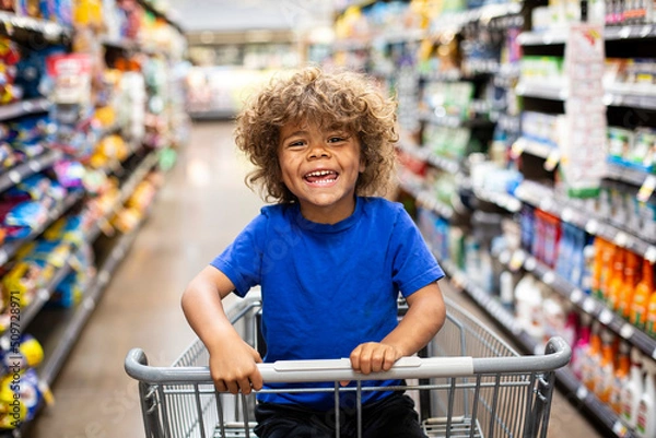 Fototapeta Funny little boy laughing while sitting in a shopping cart during a family trip to the grocery store. He is excited to buy something new	