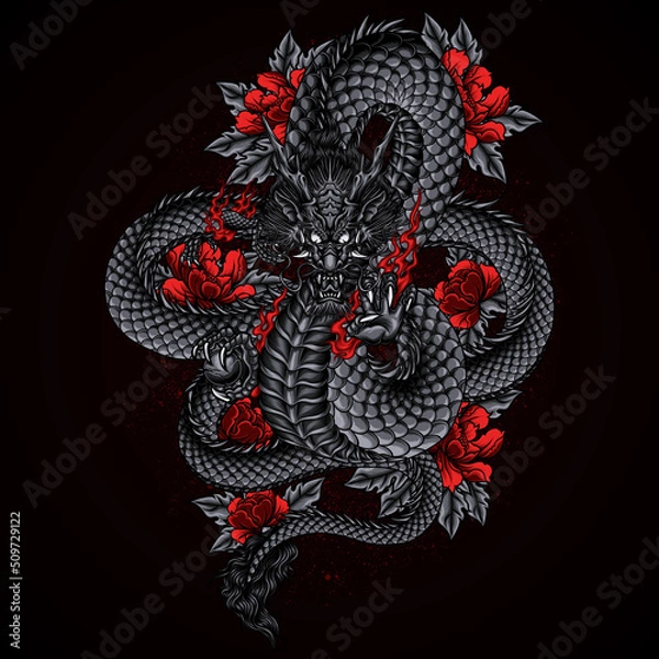 Obraz dragon with flowers vector illustration