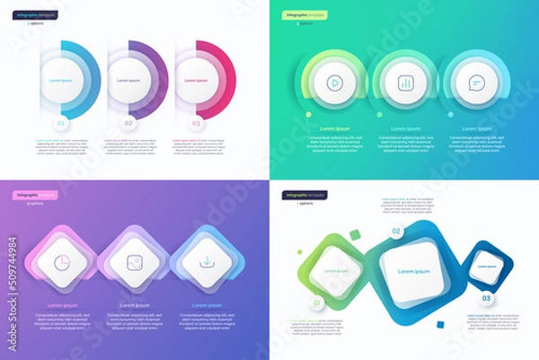 Fototapeta Abstract vector gradient minimalistic infographic templates composed of 3 shapes