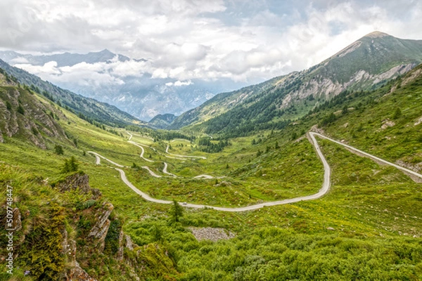 Obraz Colle delle Finestre, mountain pass in the Cottian Alps, Piedmont, Italy, linking the Susa Valley and Val Chisone, built around 1700, with magnificent views of the surrounding mountain ranges