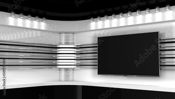 Fototapeta Tv Studio. Backdrop for TV shows. White background. TV on wall. News studio. The perfect backdrop for any green screen or chroma key video or photo production. 3D rendering.