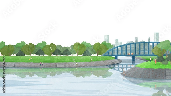 Obraz 橋の架かる川沿いの風景手書き水彩風イラスト