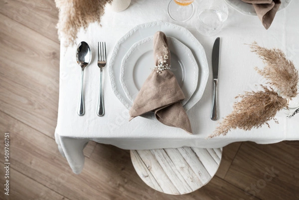 Obraz linen white tablecloth and beige napkin