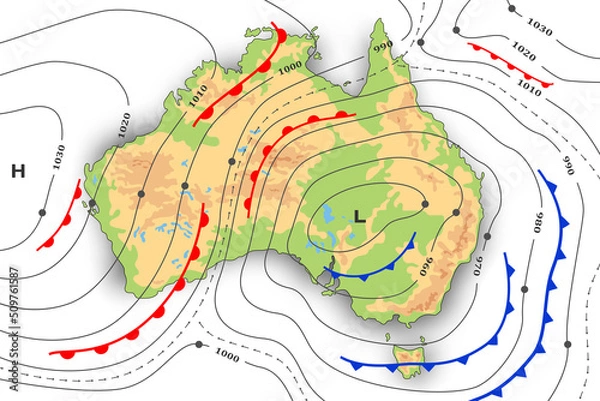 Fototapeta Forecast weather map of Australia. Meteorological, topography and physical map. Template of synoptic map showing of movement fronts cyclone and anticyclone wind in graphic chart, isobars, temperature.