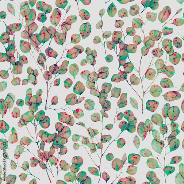 Fototapeta Seamless pastel watercolor pattern - eucalyptus leaves and branches on background with watercolor effect, botanical illustration.