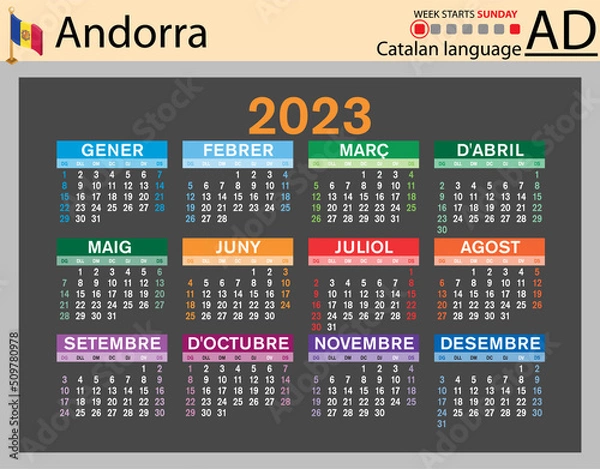 Fototapeta Catalan horizontal pocket calendar for 2023. Week starts Sunday