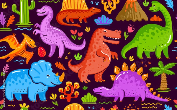 Fototapeta Funny dinosaurs seamless background. Prehistoric animals bright pattern. Childish cute cartoon vector illustration