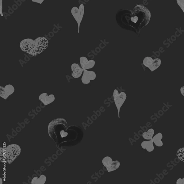 Fototapeta Watercolor pattern gray heart and clover on a dark background for your seamless design, hand drawn illustration