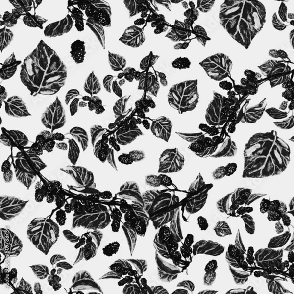 Fototapeta Watercolor monochrome berry on a tree branch, white background for your seamless design, illustration hand drawn