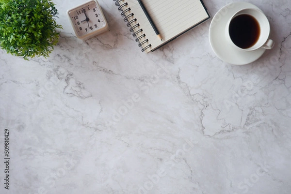Fototapeta Cropped shot view of office desk table office equipment, labtop, tablet and other office supplies on the modern space, flat lay.