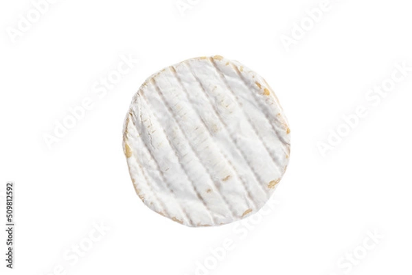 Obraz White soft Brie cheese. Camembert isolated on white background, top view. Round dairy product.