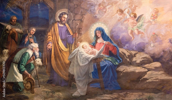 Obraz Valencia, Hiszpania - 17 lutego 2022 r.: Obraz adoracji pasterzy w kościele San Salvador y Santa Monica od 20. cent.