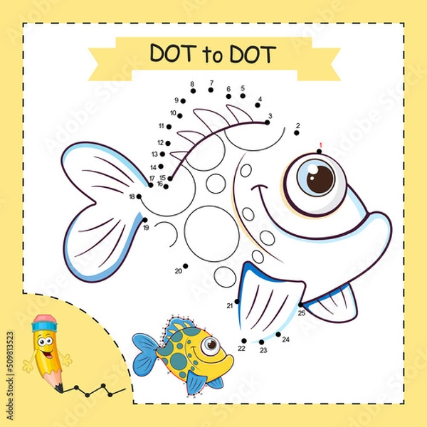 Fototapeta Dot to dot Game. Exotic Fish. Connect the dots by numbers to draw the ocean Fish. Game and Coloring Page with cartoon cute Fish. Logic Game for Kids. Education card for kids learning counting number.