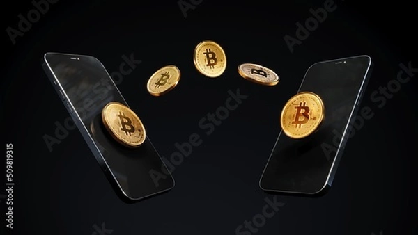 Obraz Mobile phone with bitcoins coins, Blockchain cyptocurrency bitcoin btc send from mobile phone to smartphone, Trading app exchange, 3d Rendering.