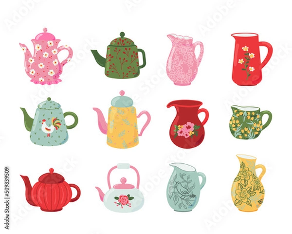 Fototapeta Set of dishes, milk jugs, teapots and kettles. Decorative kitchen tools collection, colored tableware, ceramic household utensils. Cartoon vector isolated illustration