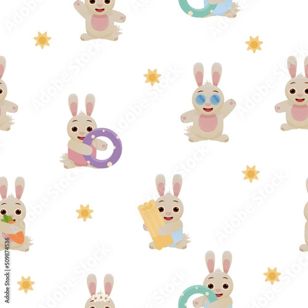 Fototapeta Vector seamless pattern with bunnies , rabbits. Summer seamless pattern with animals.