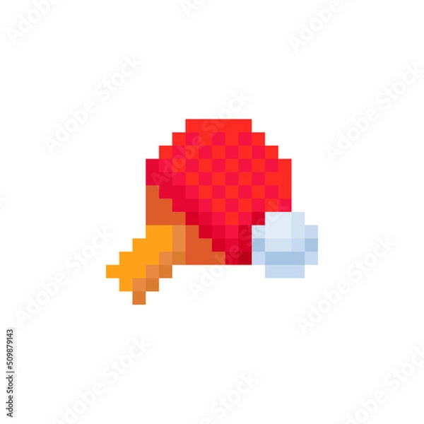 Obraz Table Tennis Paddle and Ball. Ping pong pixel art icon. Game assets. Icon for websites, web design, mobile app. 8-bit sprite. Isolated vector illustration. 