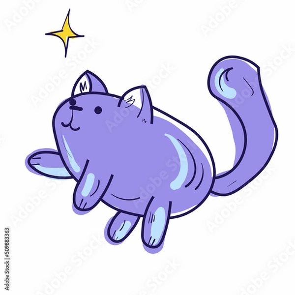 Fototapeta Cute doodle cat with star. Animal vector icon. Black line art with color on white background.