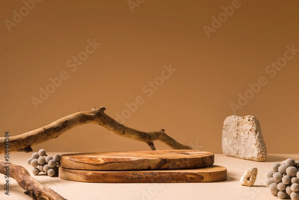 Obraz Background for products cosmetics, food or jewellery. Rustic wood pieces podium. Front view.	