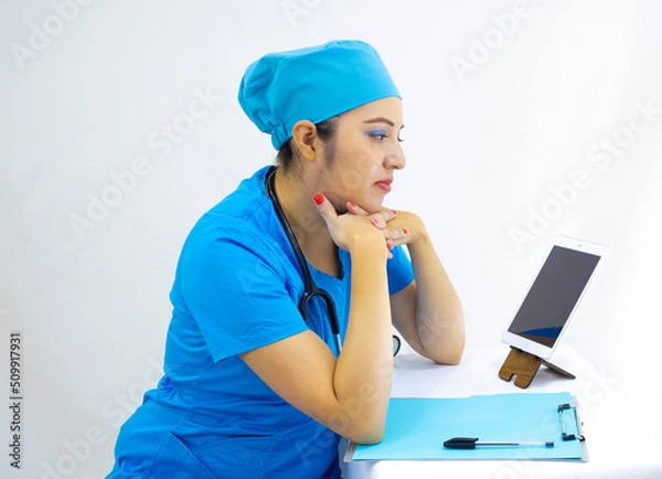 Fototapeta beautiful woman lab technician wearing uniform and blue surgical cap, in video call to give results, on white background
