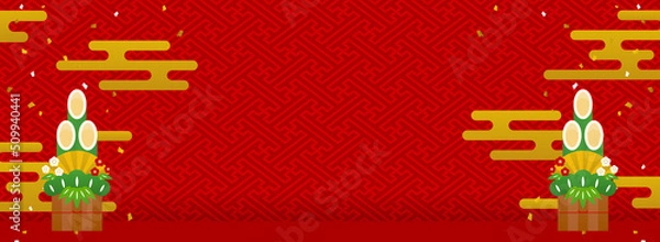 Obraz お正月　門松、雲、紙吹雪のフレーム・背景素材（バナー向け　横長）