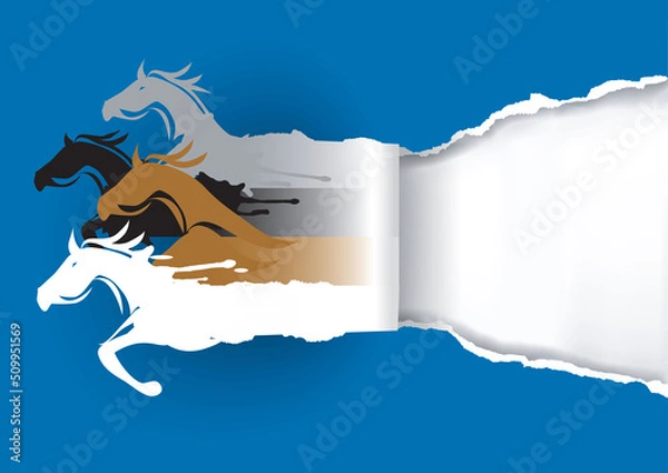 Fototapeta Paper Horses ripping paper.
Illustration of four horses silhouettes tearing blue paper background. Banner template. Vector available.
