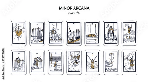 Obraz Tarot  Minor Arcana vector set Swords (part1) . Hand drawn illustration