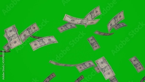 Fototapeta Many wads of money falling on chromakey background. 10 US dollar banknotes. Stacks of money. Financial and business concept. 