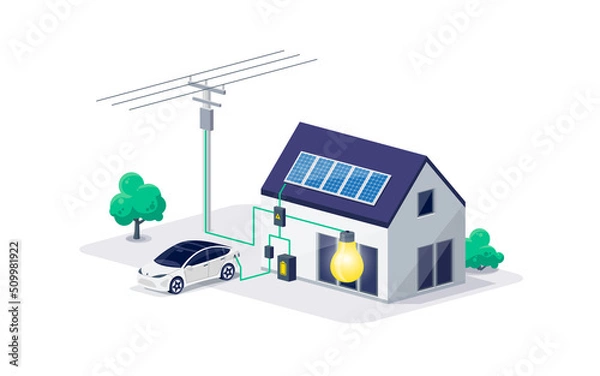 Fototapeta Home electricity scheme with battery energy storage system on modern house photovoltaic solar panels and rechargeable li-ion backup. Electric car charging on renewable smart power off-grid system.