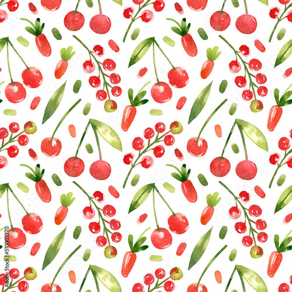 Fototapeta Watercolor seamless pattern with cherries, strawberries, red currants on a white background. Bright berry background hand-drawn in watercolor.