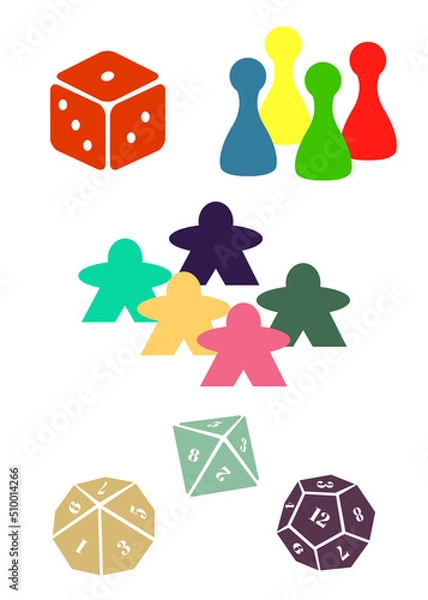 Fototapeta a set of  board game pawns, meeples, and dice for playing geek