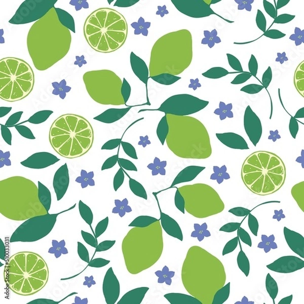 Fototapeta Seamless citrus pattern. juicy limes on a branch and flowers. white background. Fashionable print for textiles and wallpaper.