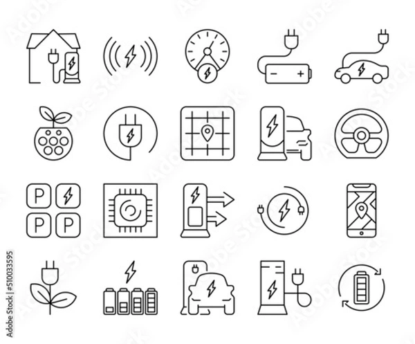Fototapeta EV Set of Battery Electric car with editable stroke line icons 2. E-Mobility charger vector illustrations.	
