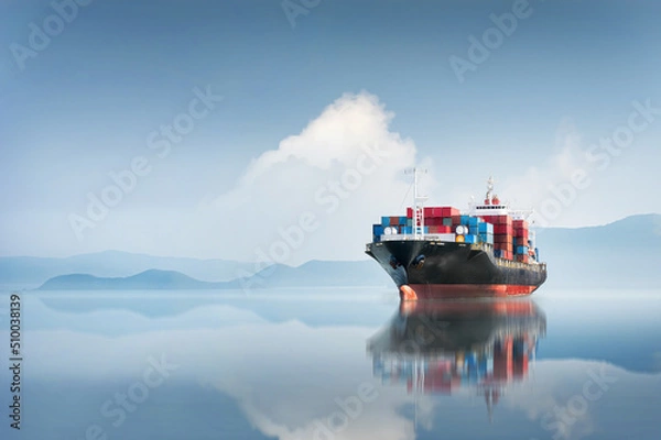 Fototapeta Container cargo ship in the ocean at sunset blue sky background with copy space, Global business logistics import export goods of freight carrier, transportation industry concept, Sea Freight Shipping