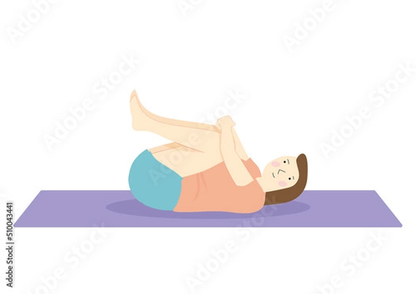 Fototapeta 寝転んで両足を抱えてストレッチをするダイエット中の女性