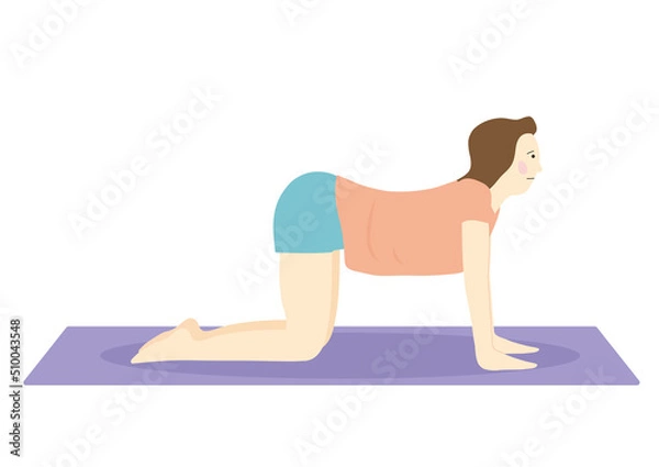 Fototapeta 床に四つん這いになって背中を反らせるストレッチをするダイエット中の女性