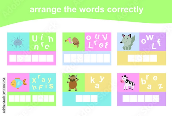 Fototapeta Arrange the words correctly. Worksheet for preschool. Writing practice. Vector file.