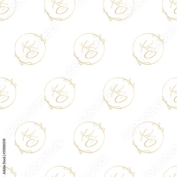 Fototapeta Vector seamless pattern with gold wedding monogram of initials k and e.